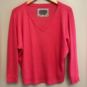 Anthropologie Pink Waffle Knit V Neck XS Oversized Watermelon